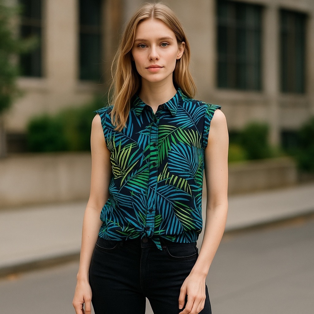 Versona sleeveless button top blouse summer vacation vibe blue green blk  rayon…